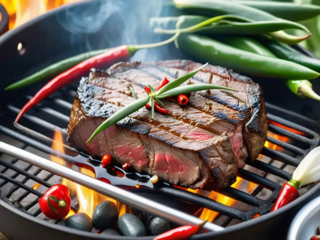 Un suculento filete a término medio en una parrilla, rodeado de chiles, ajo y romero, con termómetro