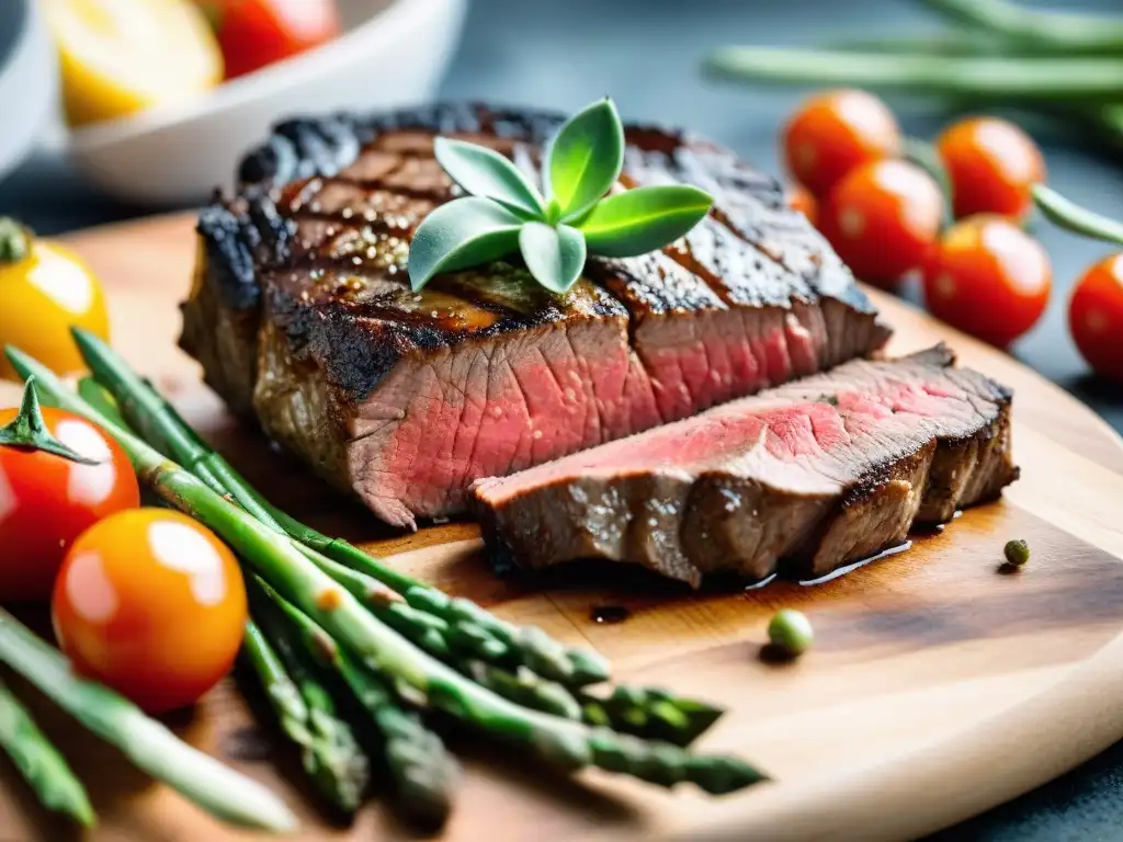 Un suculento filete de ternera a la parrilla rodeado de vegetales frescos, en un ambiente de asado uruguayo con cortes magros