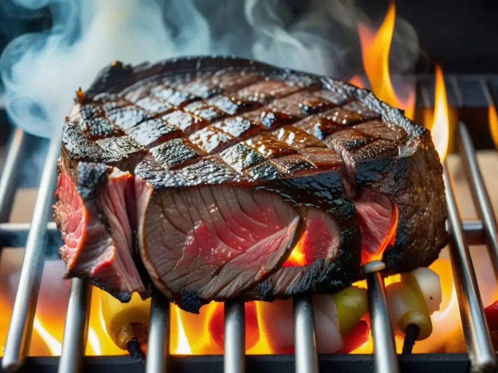 Un suculento filete Wagyu en la parrilla, rodeado de vegetales coloridos asados