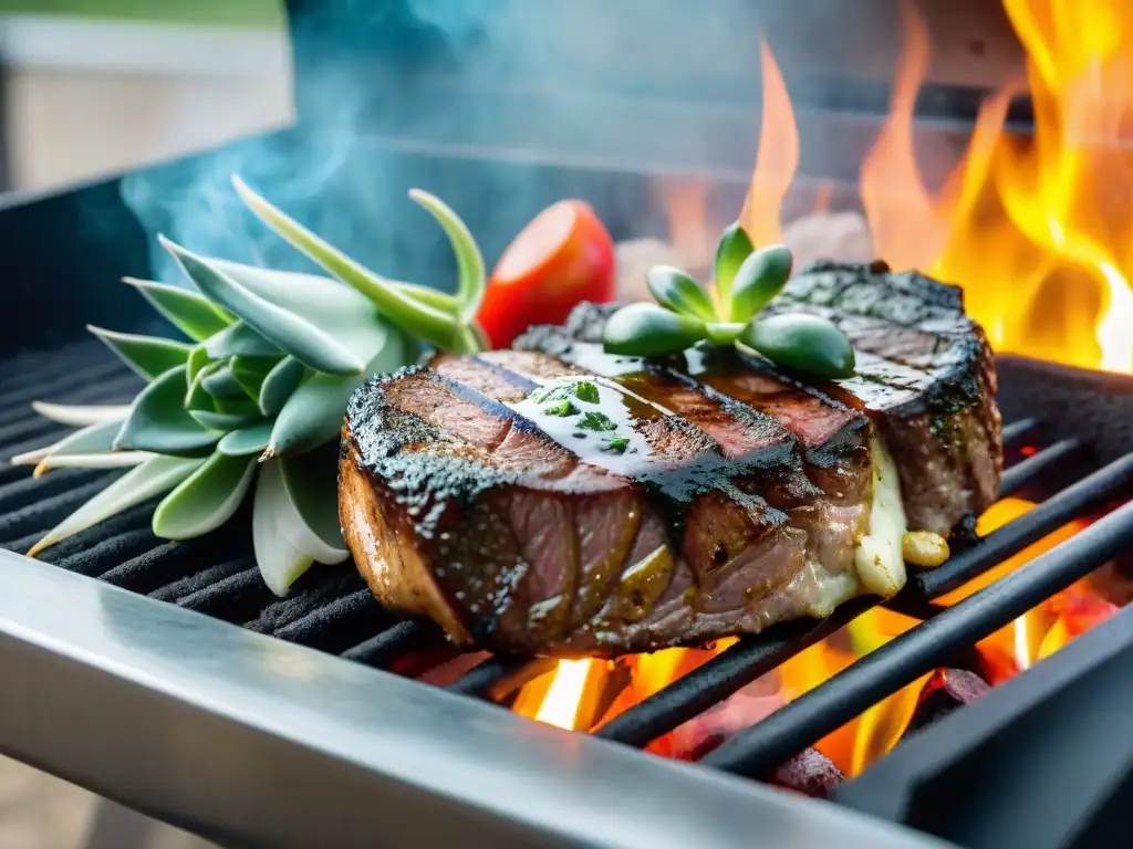 Suculento morcillo asado uruguayo con chimichurri, papas fritas crujientes y ensalada fresca