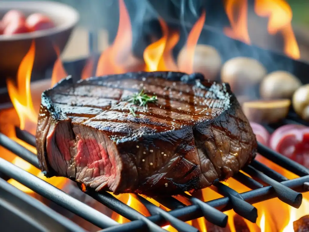 Deléitate con un suculento Ojo de Bife en la parrilla uruguaya, rodeado de humo y secretos del asado uruguayo