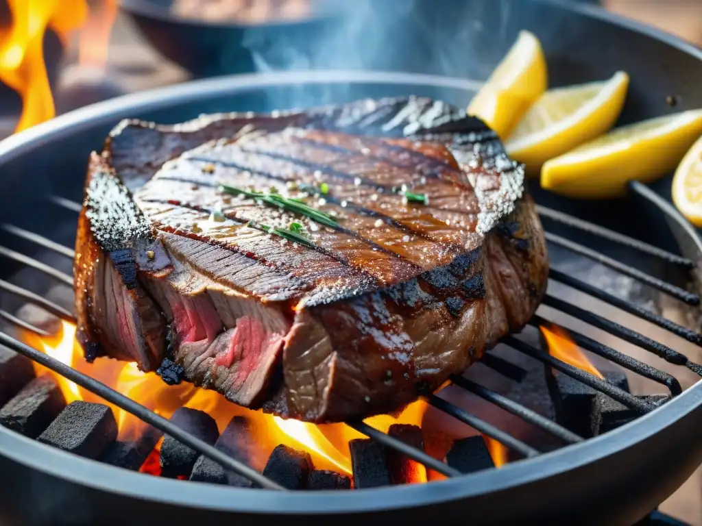 Un suculento Ojo de Bife asándose a la perfección en una parrilla, con la palabra clave 'Secretos del asado uruguayo'