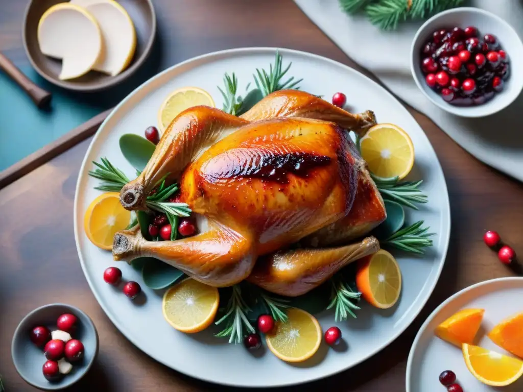 Un suculento pavo asado con brillo de arándano, servido en una bandeja decorada, listo para una receta asado pavo glaseado arándanos