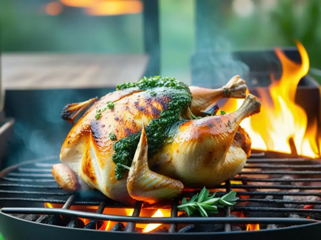 Un suculento pollo asado en la parrilla con chimichurri uruguayo, bañado en salsa verde