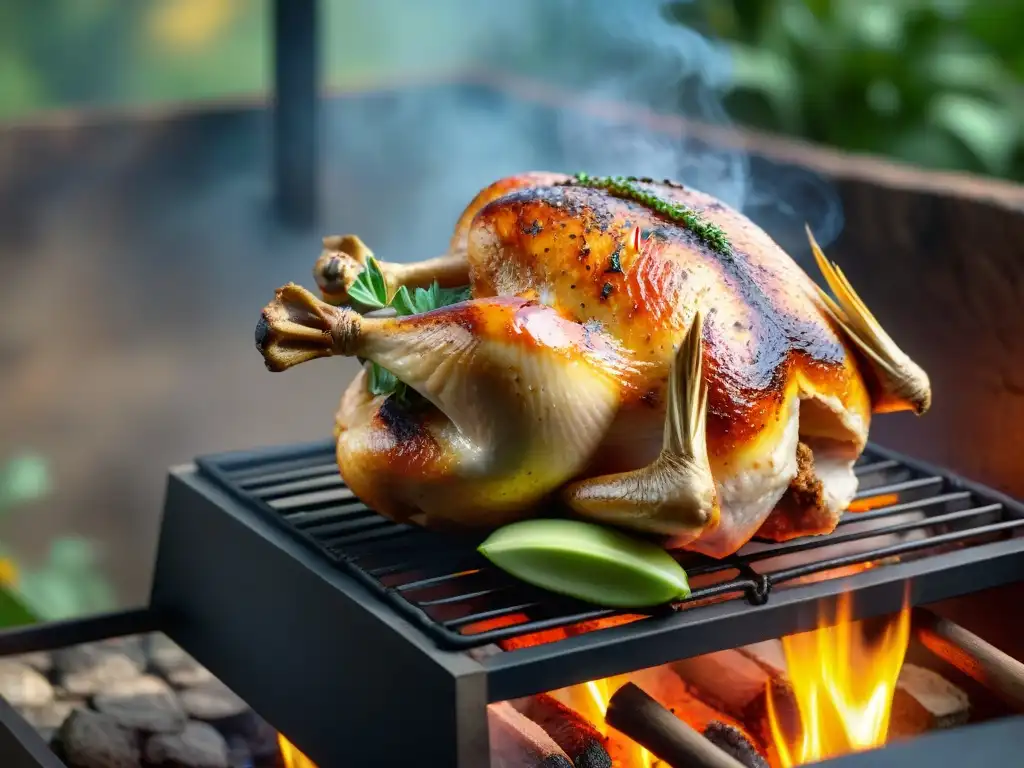 Un suculento Pollo al Espiedo estilo uruguayo girando sobre una parrilla al fuego, con piel dorada y crujiente bajo la luz de las llamas