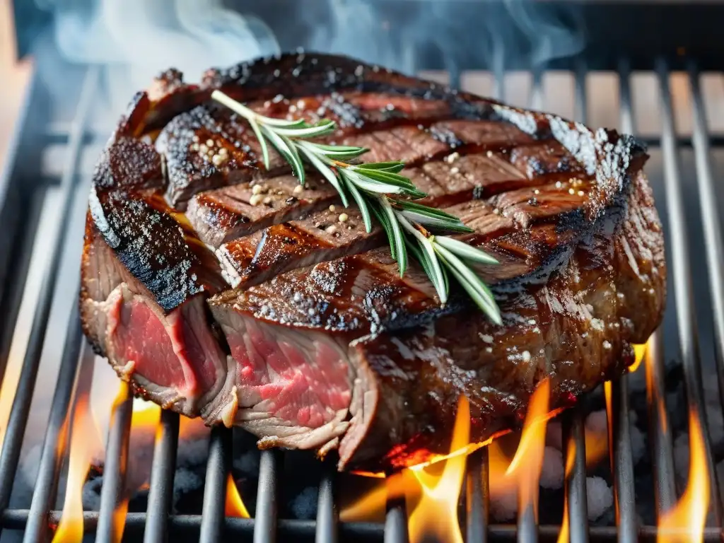 Un suculento ribeye asado sustentable con sabor perfecto en la parrilla, con llamas y searings ideales