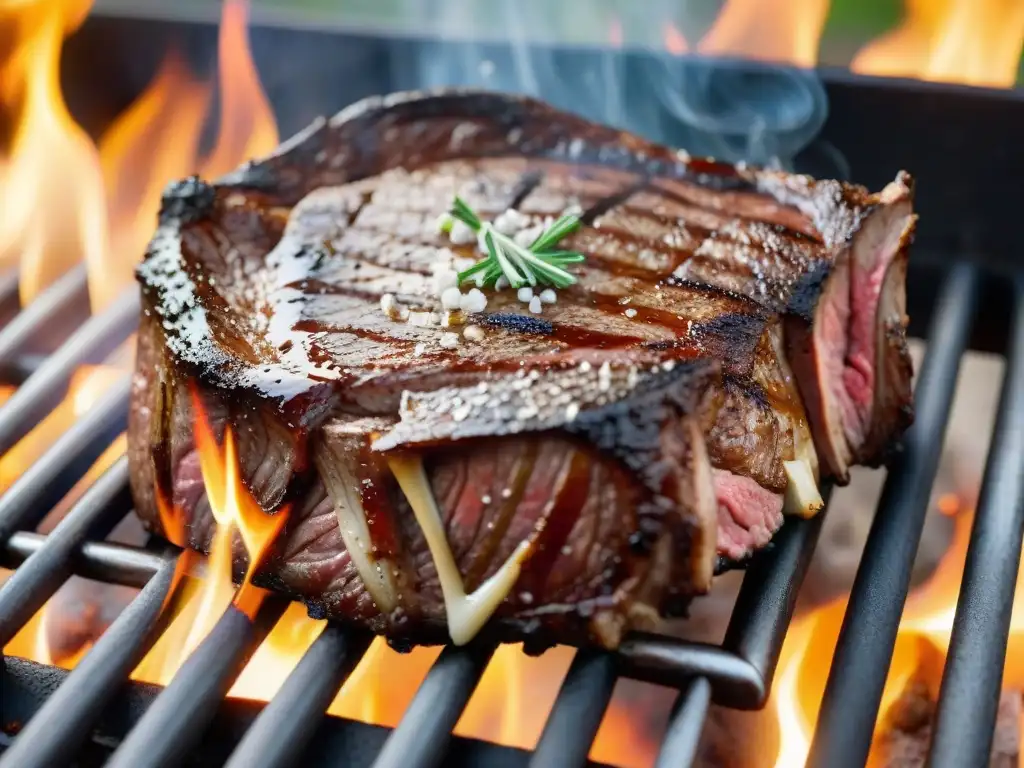 Suculento ribeye en la parrilla con chispeantes llamas alrededor, ¡la mejor carne para asado parrilla!