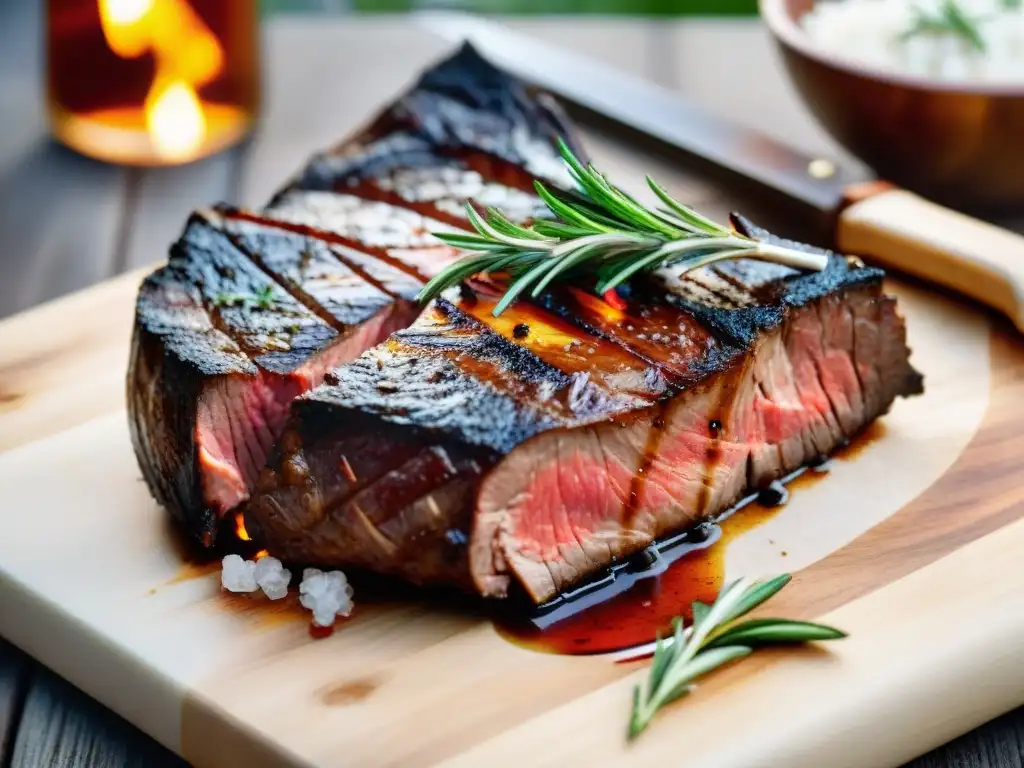 Un suculento tomahawk steak sellado a la perfección sobre tabla de madera, decorado con romero fresco y sal marina