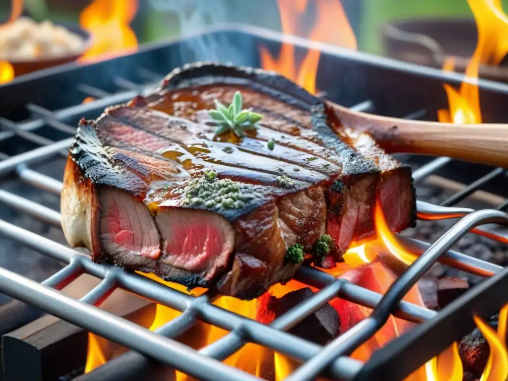 Un suculento Tomahawk a término medio en la parrilla con llamas