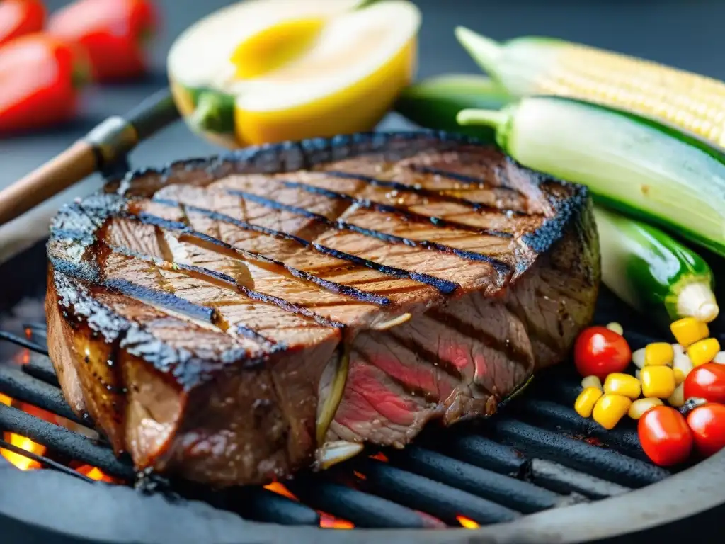 Un suculento vacío jugoso en la parrilla, rodeado de verduras a la parrilla