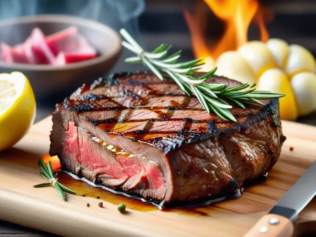 Un suculento vacío jugoso a la parrilla con corteza dorada y centro rosado, rodeado de romero fresco y limones asados