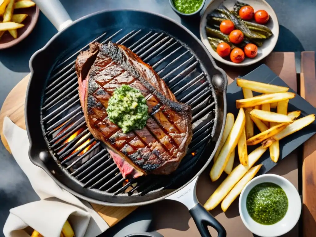 Un suculento vacío uruguayo a la parrilla con chimichurri, vegetales asados y papas fritas