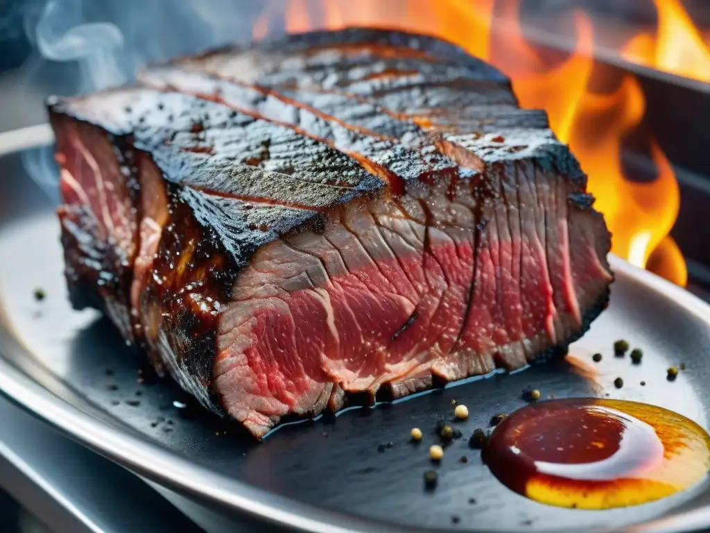 Suculento Wagyu brisket cocinándose lentamente en la parrilla, resaltando el efecto del tiempo en carne