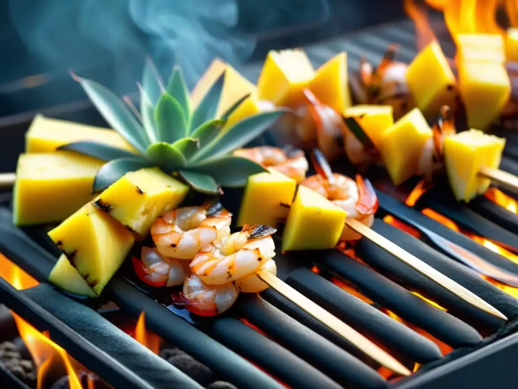 Suculentos brochetas de camarones y piña a la parrilla con glaseado de mango, ¡una delicia visual para amantes de recetas de brochette de mariscos!