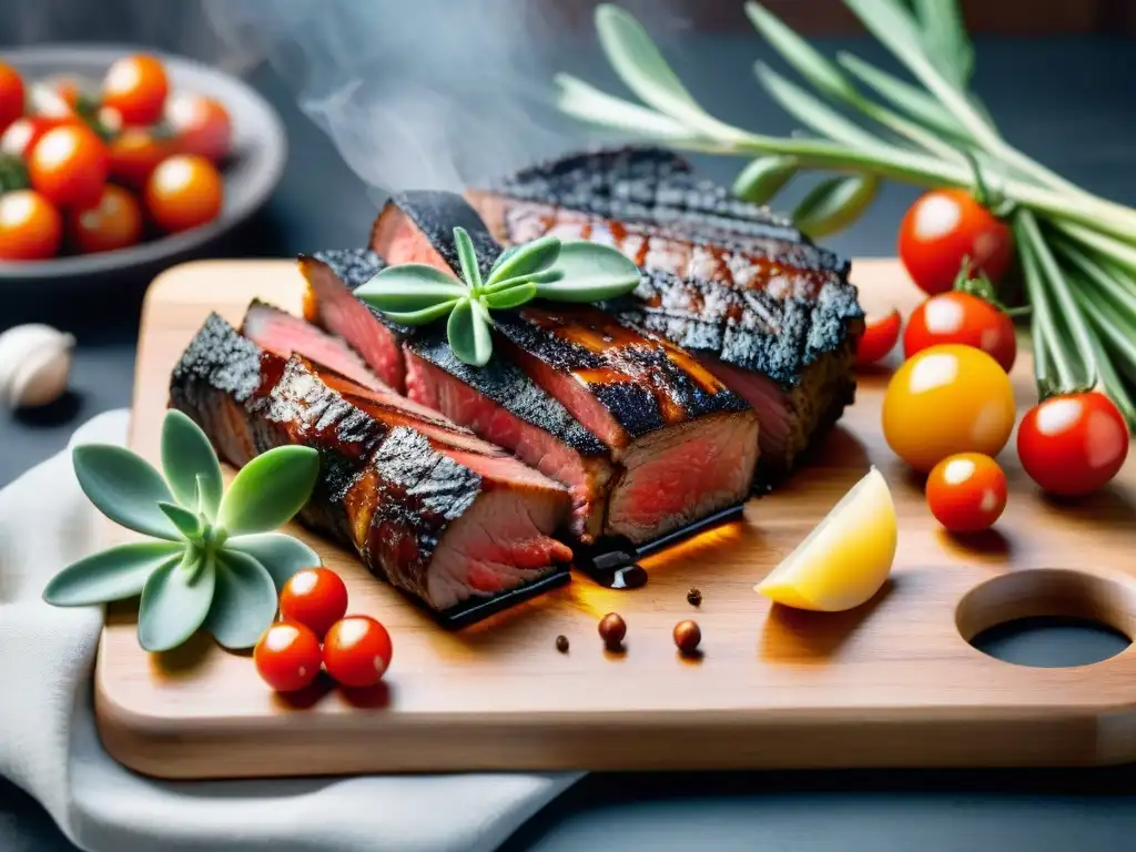 Dos suculentos cortes de Asado de Tira, a la parrilla, con hierbas frescas y tomates cherry