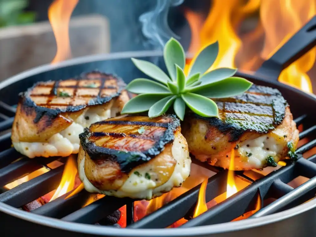 Suntuosas mollejas asándose en la parrilla con vino blanco y hierbas en un ambiente de barbacoa argentina