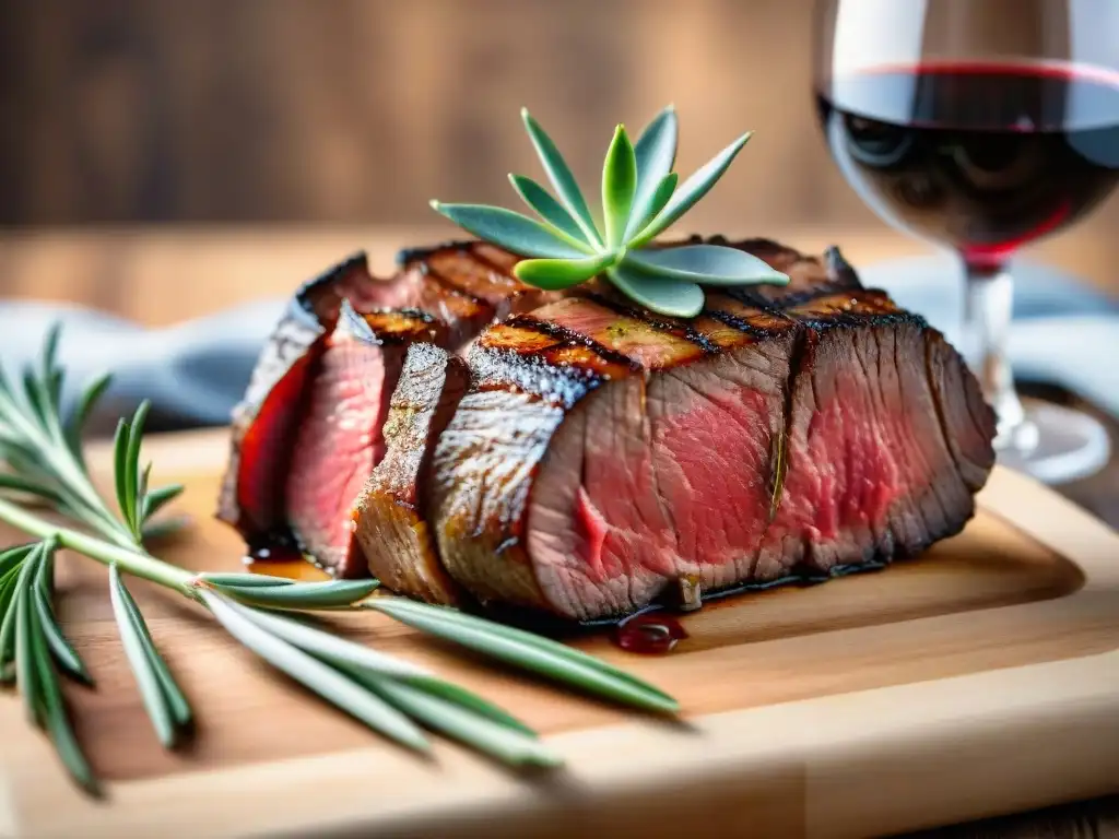 Suntuoso maridaje de asado con vinos caseros: filete en su punto con hierbas frescas y copa de vino tinto