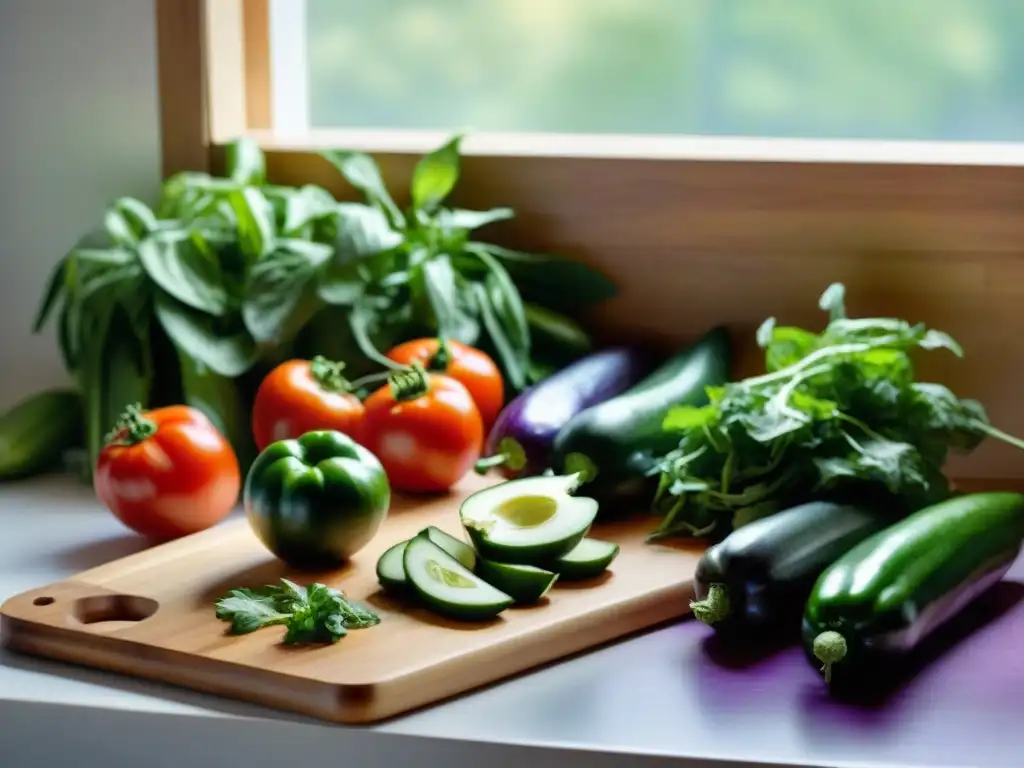 Una tabla de cortar de madera con vegetales frescos: tomates rojos, pepinos, pimientos verdes y cebollas moradas, junto a un cuchillo y mayonesa, bañados por luz natural