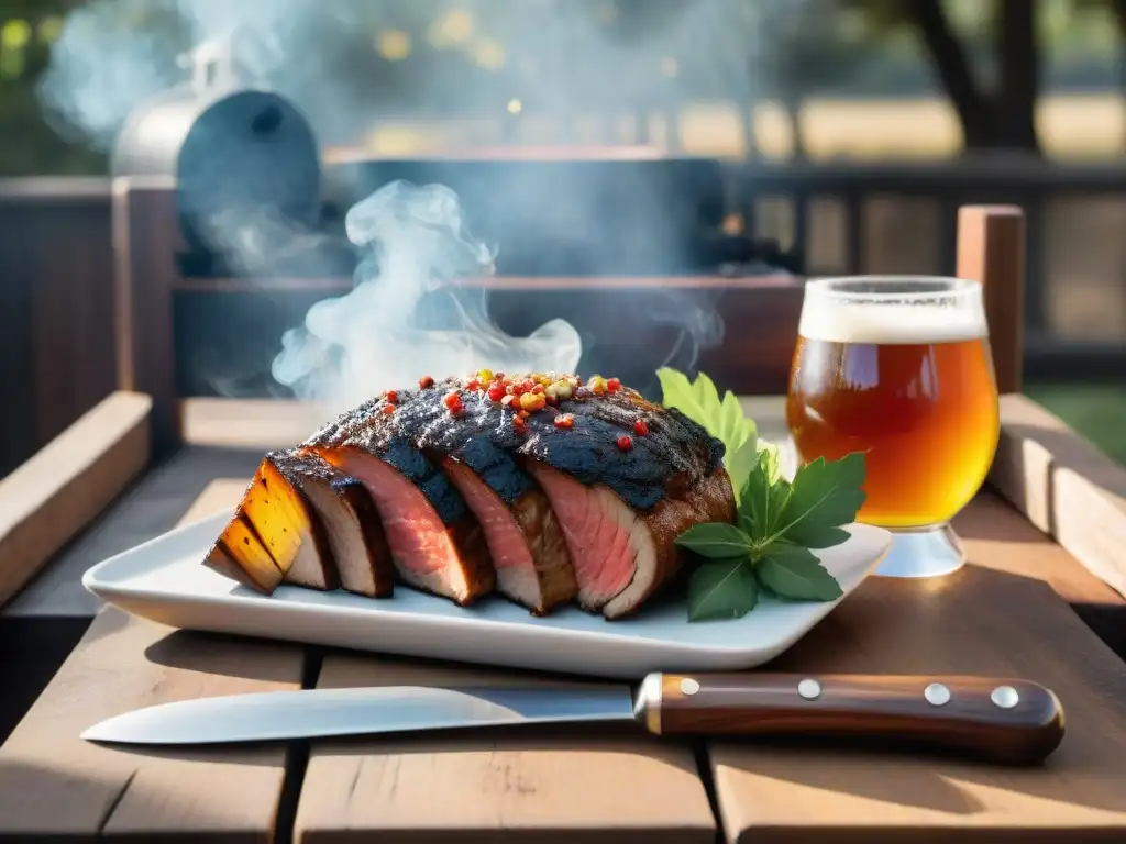 Tabla rústica en asado uruguayo con cervezas artesanales en vaso helado, bajo la luz del sol filtrándose entre hojas