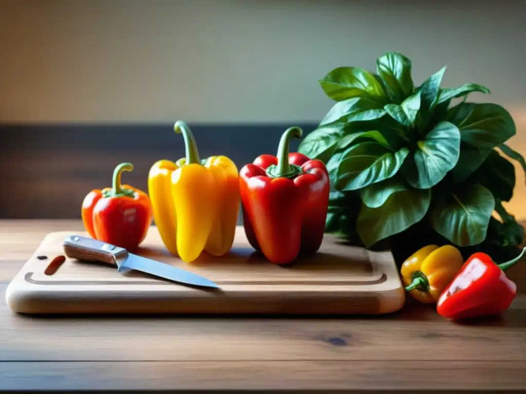 Tablas de cortar para asado: Detalles de madera, hierbas frescas, pimientos y un jugoso filete en una cocina rústica soleada