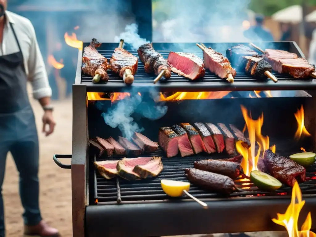 Talleres de Asado Uruguayo: Escena viva de asado con chefs asando carne y participantes observando emocionados