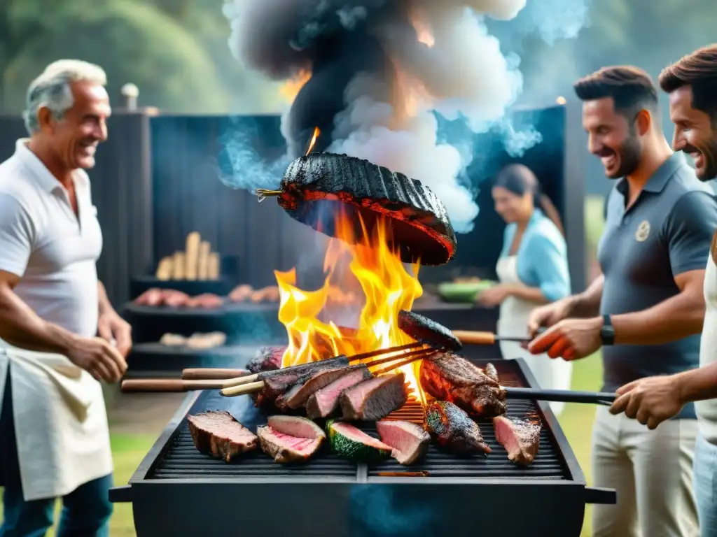 Talleres de Asado Uruguayo: Grupo disfruta de un asado al aire libre con asador experto en parrilla tradicional uruguaya, rodeados de naturaleza