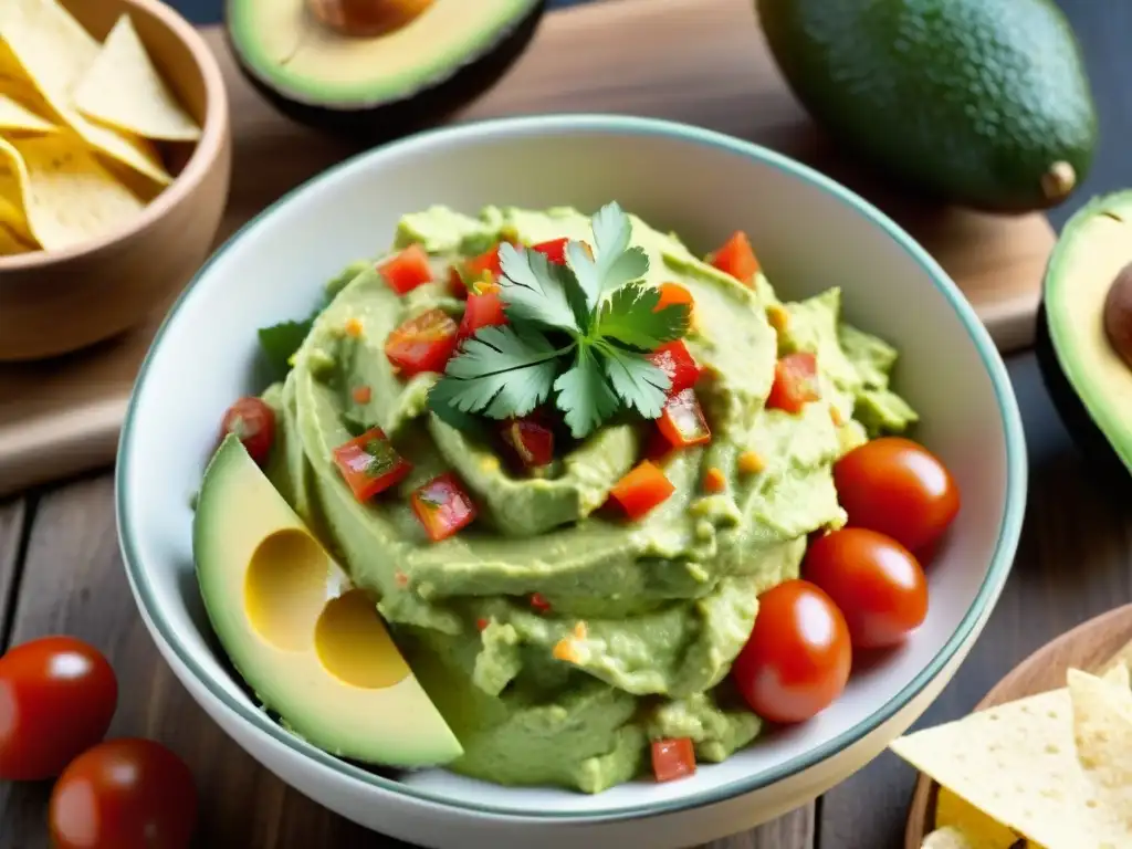 Un tazón de guacamole fresco sobre una mesa de madera rústica