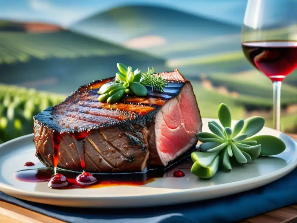 Un T-bone steak uruguayo en su punto junto a un vino Tannat, en un viñedo bajo el cielo azul