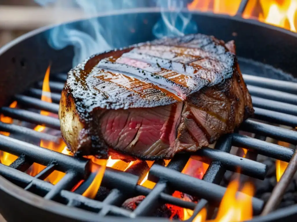 Técnica ancestral Asado de Tira: suculento steak a la parrilla con llamas danzantes y ambiente acogedor al aire libre