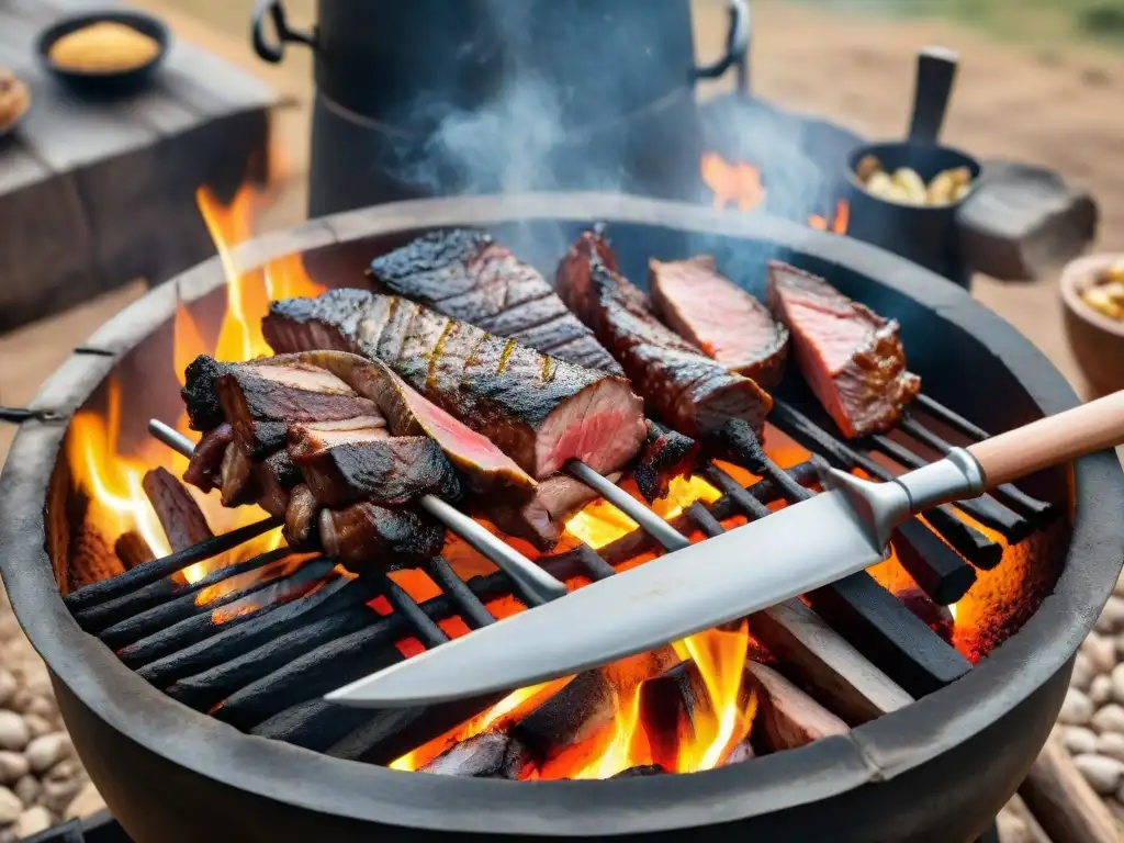 Detalle asombroso: Asado uruguayo tradicional con gauchos y maestro asador Técnica ancestral del asado uruguayo: maestría y tradición en el campo con gauchos y carne al fuego