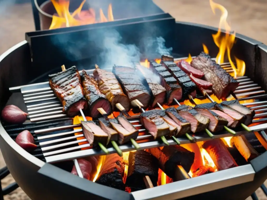 Técnica de asado uruguayo tradicional en una parrilla, con cortes de carne, vegetales y llamas danzantes, creando una escena culturalmente rica