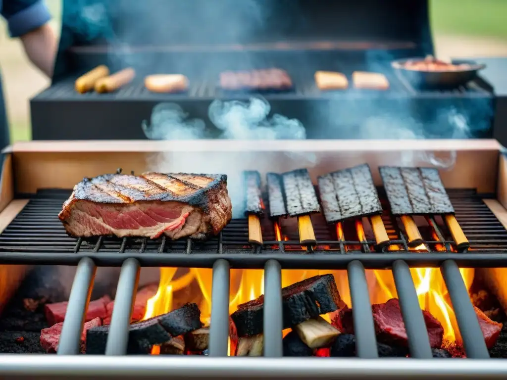 Técnica para ahumar carne asada: Chef coloca carne en parrilla de barbacoa humeante con cuidado