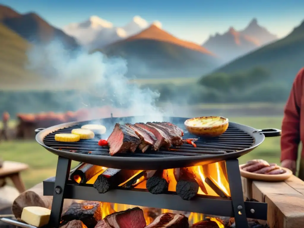 Asado argentino tradicional: Gauchos, fuego y montañas Técnicas ancestrales asado al asador: Gauchos cocinan carne a la parrilla con los Andes de fondo