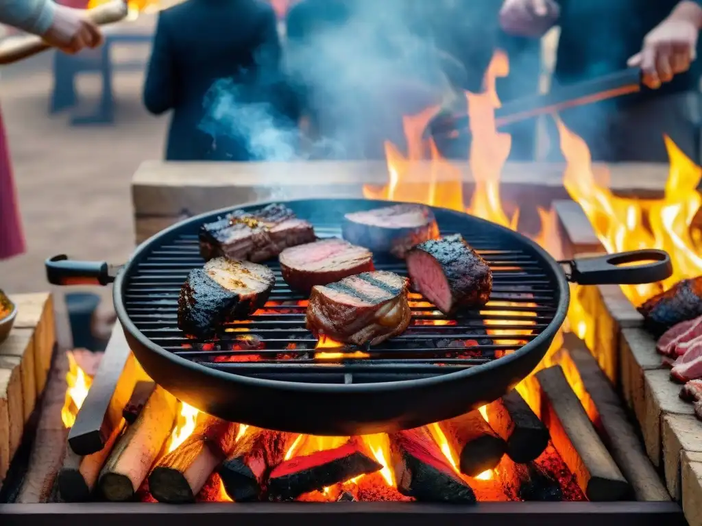 Escena épica de asado uruguayo: amigos disfrutando del fuego y la carne Técnicas ancestrales del asado uruguayo: Amigos disfrutan de un asado alrededor de un pozo con brasas y carne a la parrilla