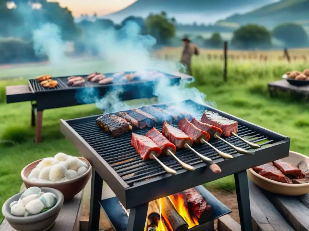 Técnicas ancestrales de asado uruguayo: Gauchos preparando un asado en el campo