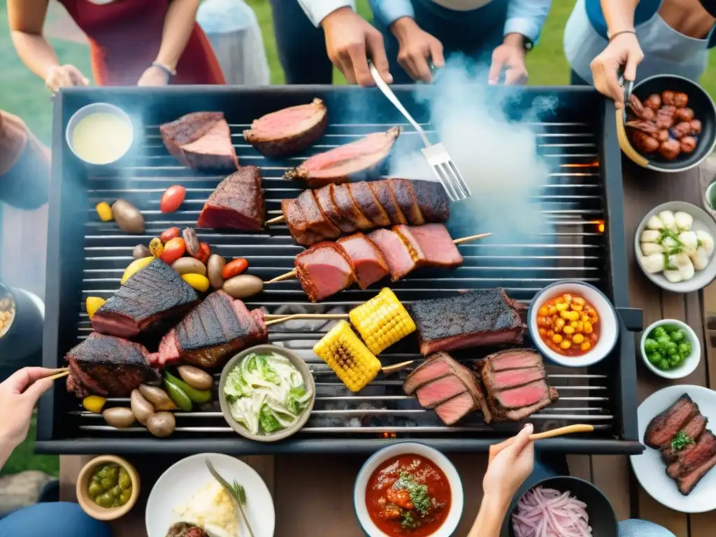 Disfrute de las técnicas de asado uruguayo en una parrillada al aire libre con amigos riendo y compartiendo deliciosas carnes a la parrilla