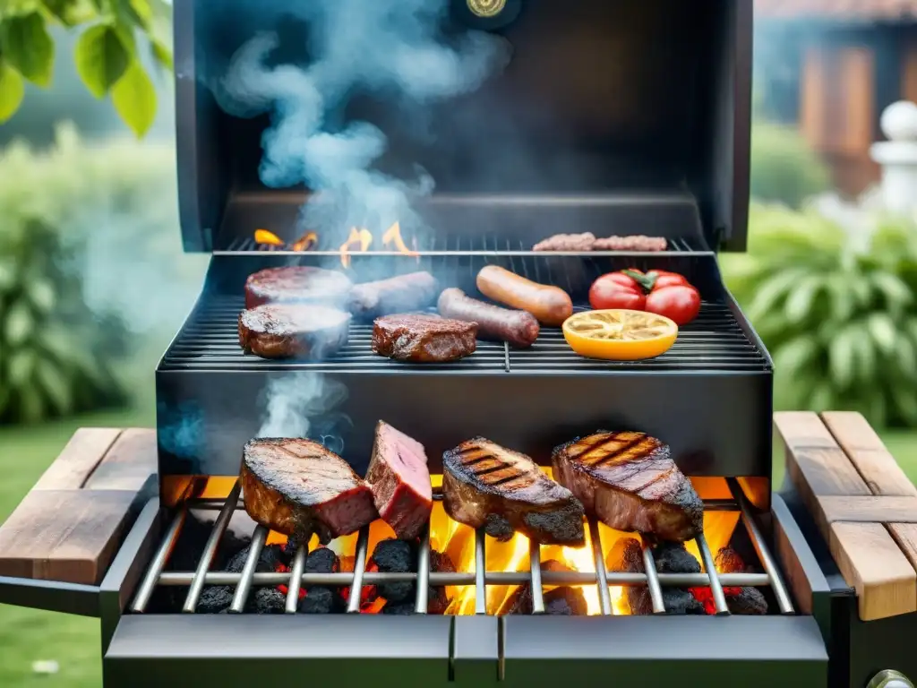 Técnicas para ahumar carne asado: parrilla al aire libre con carnes cocinándose entre humo fragante en un entorno natural