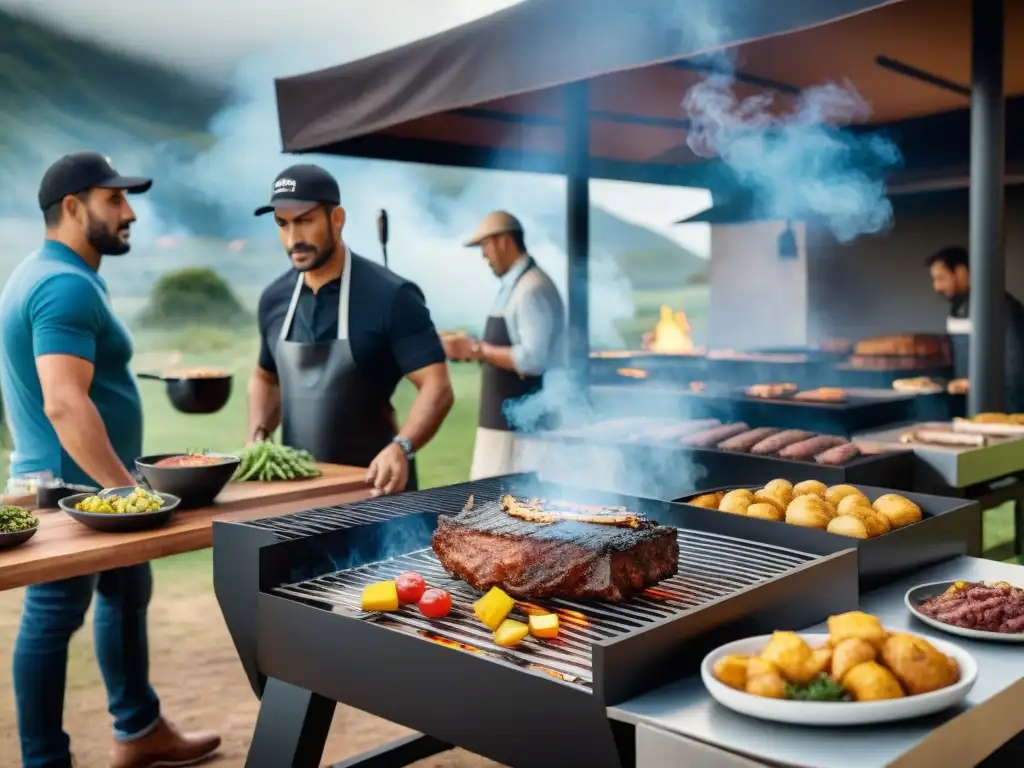 Innovación tecnológica en el asado uruguayo: parrillas de alta tecnología cocinando asado con pantallas digitales mostrando estadísticas de cocción