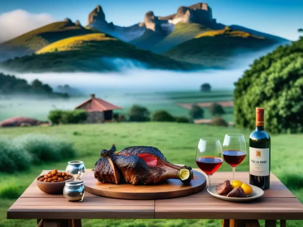 Tendencias asado uruguayo innovaciones: mesa al aire libre con asado tradicional y paisajes verdes de Uruguay