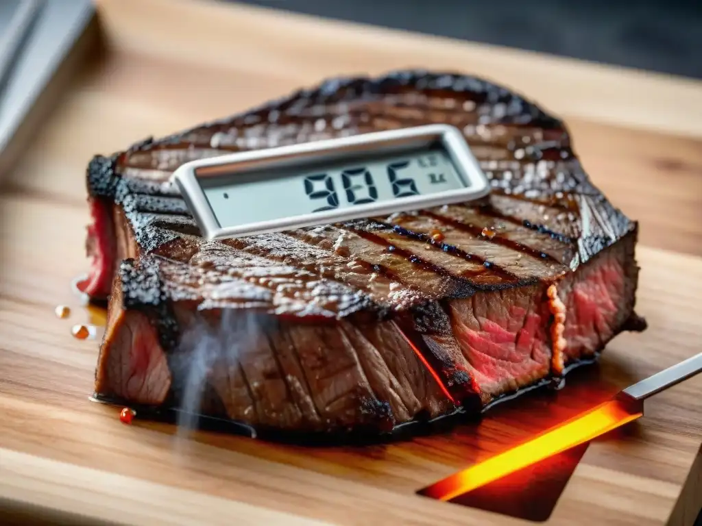 Termómetro digital en imagen realista mostrando temperatura de un filete asado perfecto en tabla de madera