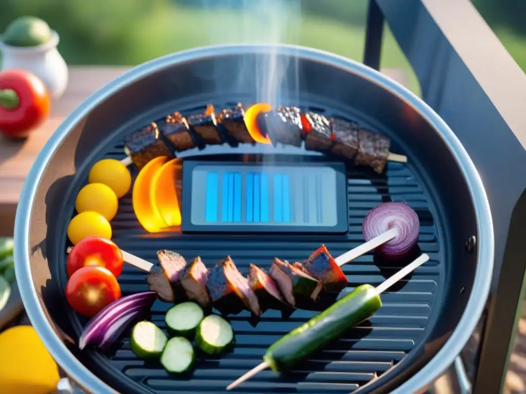 Un termómetro solar de diseño moderno en un animado montaje de asado al sol con herramientas para asado solar