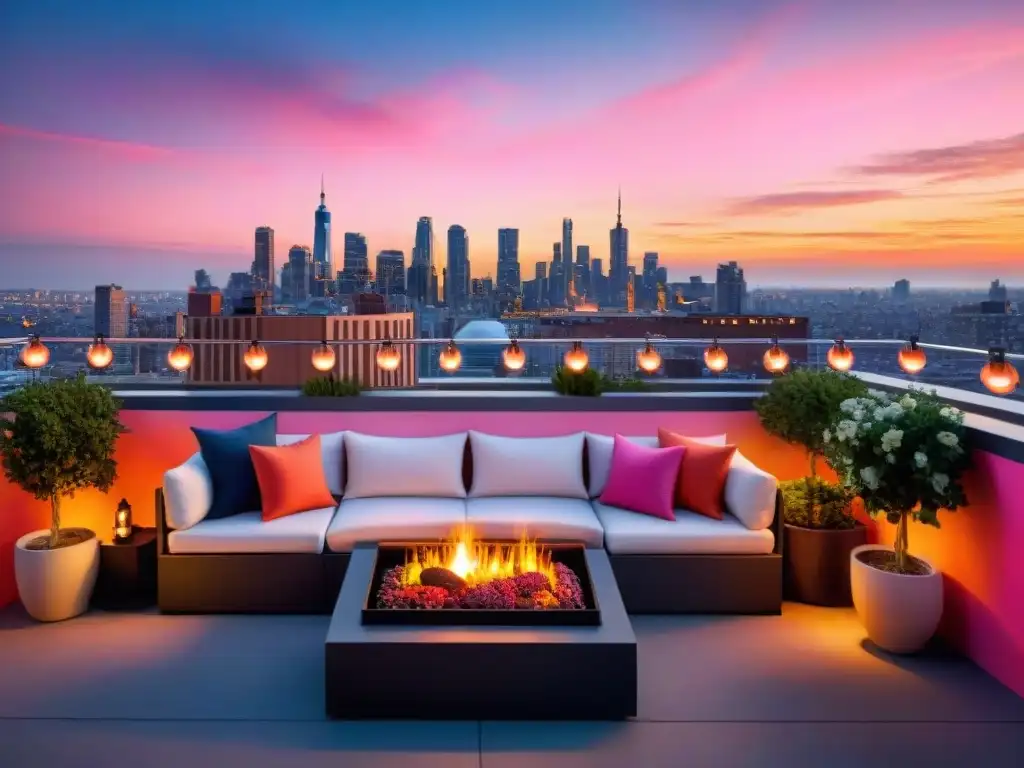 Terraza compacta con parrilla moderna y asados coloridos bajo luces de ciudad al atardecer