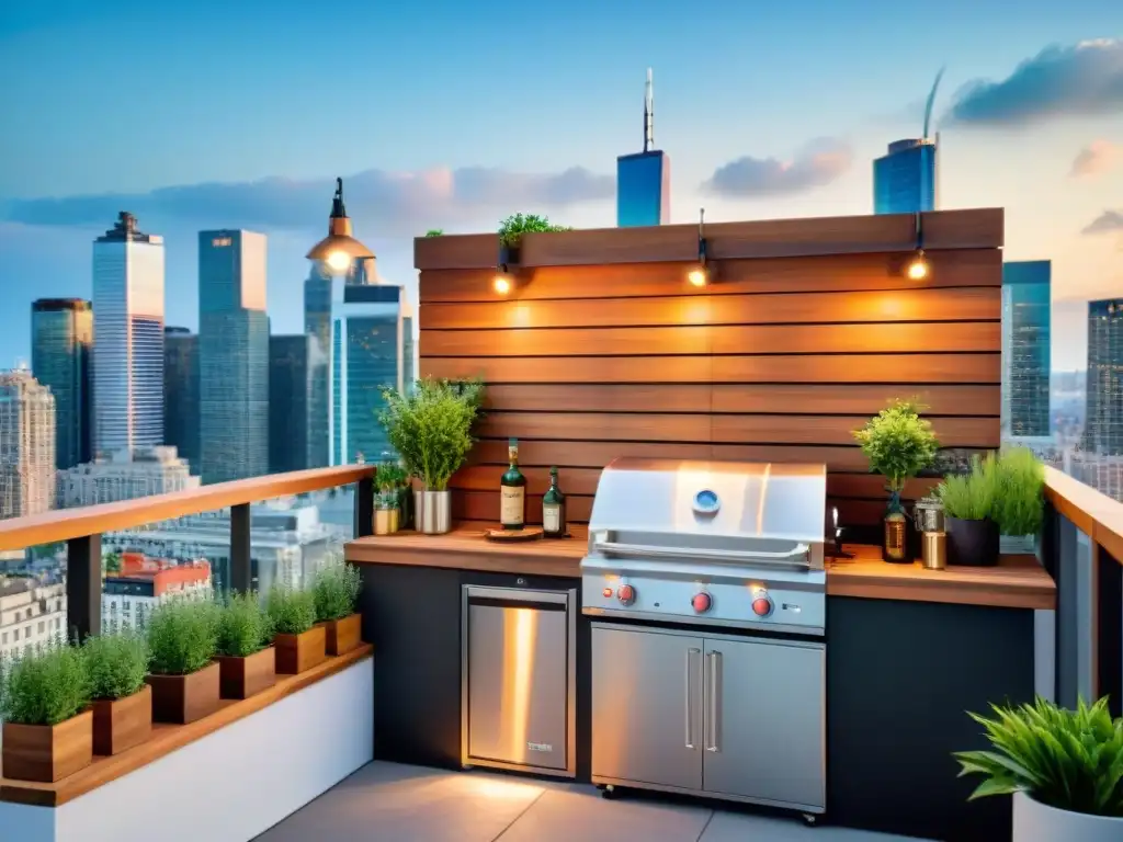 Una terraza urbana con cocina al aire libre y cortes de carne para asados en espacios reducidos