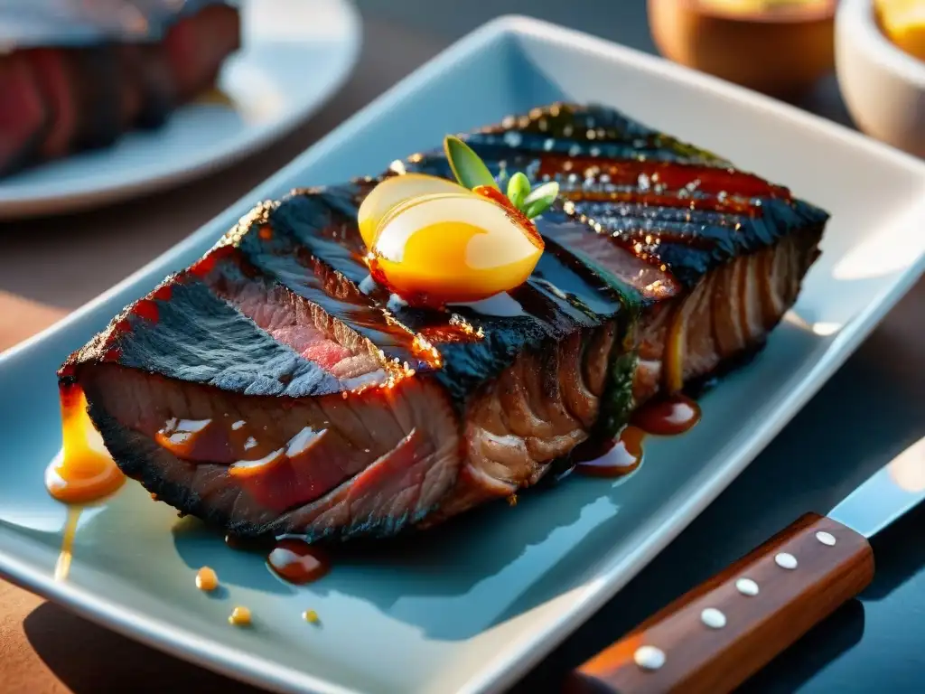 Macrofotografía que captura la textura del asado uruguayo, con su perfecto equilibrio de sellado y jugosidad