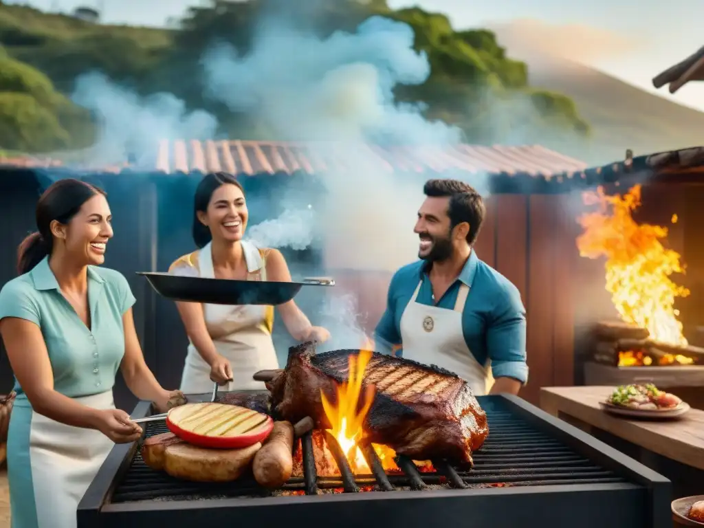 Una tierna escena de un asado uruguayo familiar al atardecer, con la parrilla repleta de carne y risas sinceras