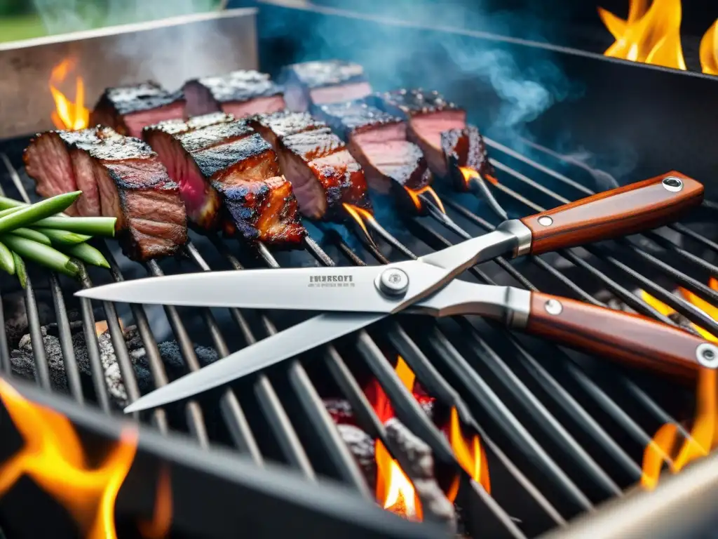 Unas tijeras de barbacoa de lujo en acero inoxidable con grabados ornamentales, en un entorno de parrilla al aire libre