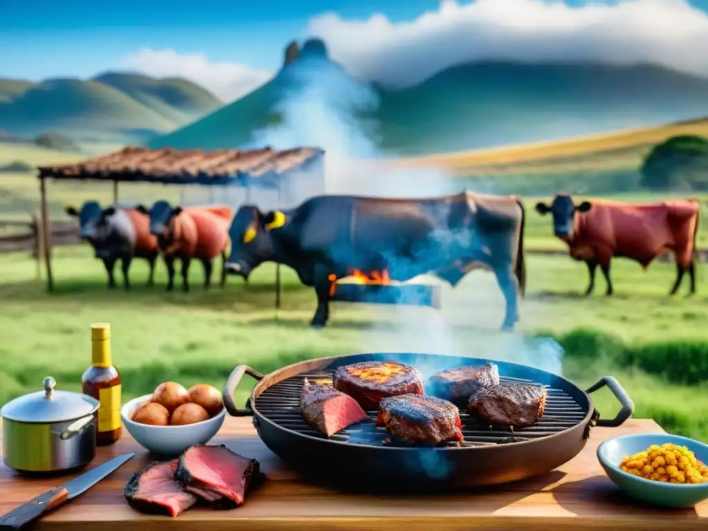 Un típico asado uruguayo en el campo, con gauchos asando carne en una mesa rústica