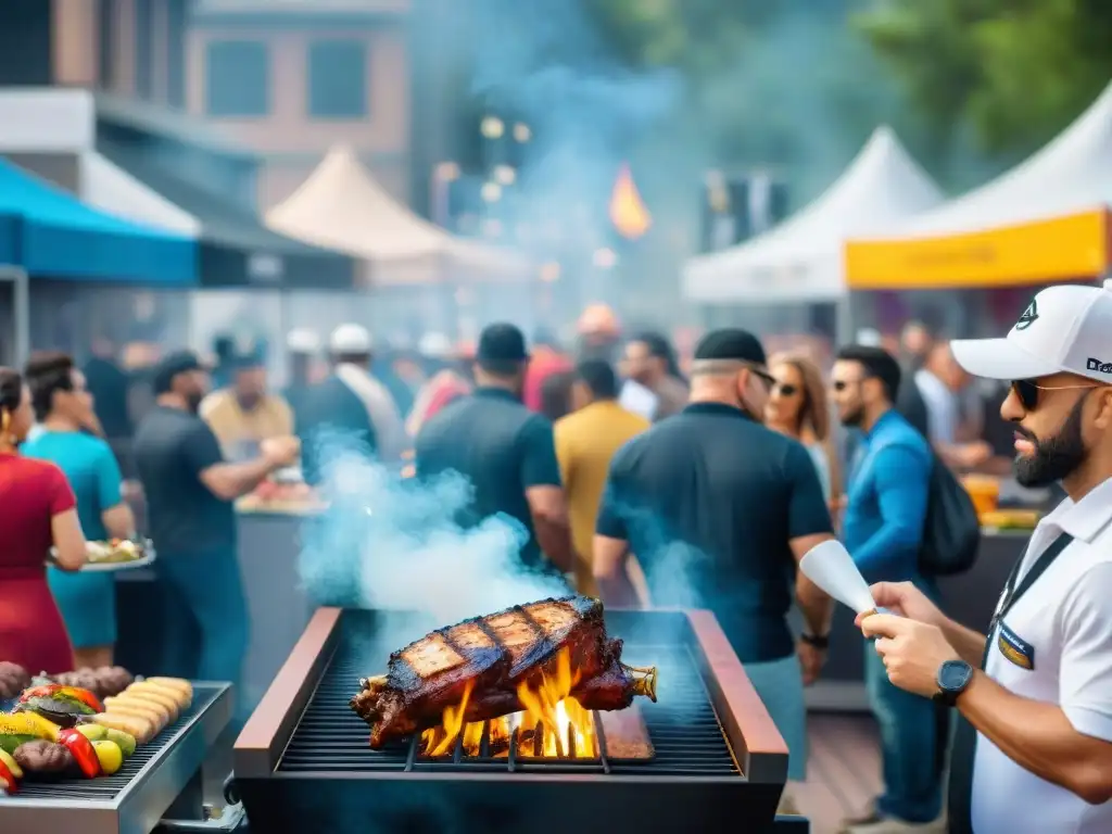 Organización de torneo de asado al aire libre con equipos, multitud diversa, trofeo y parrillas sizzling