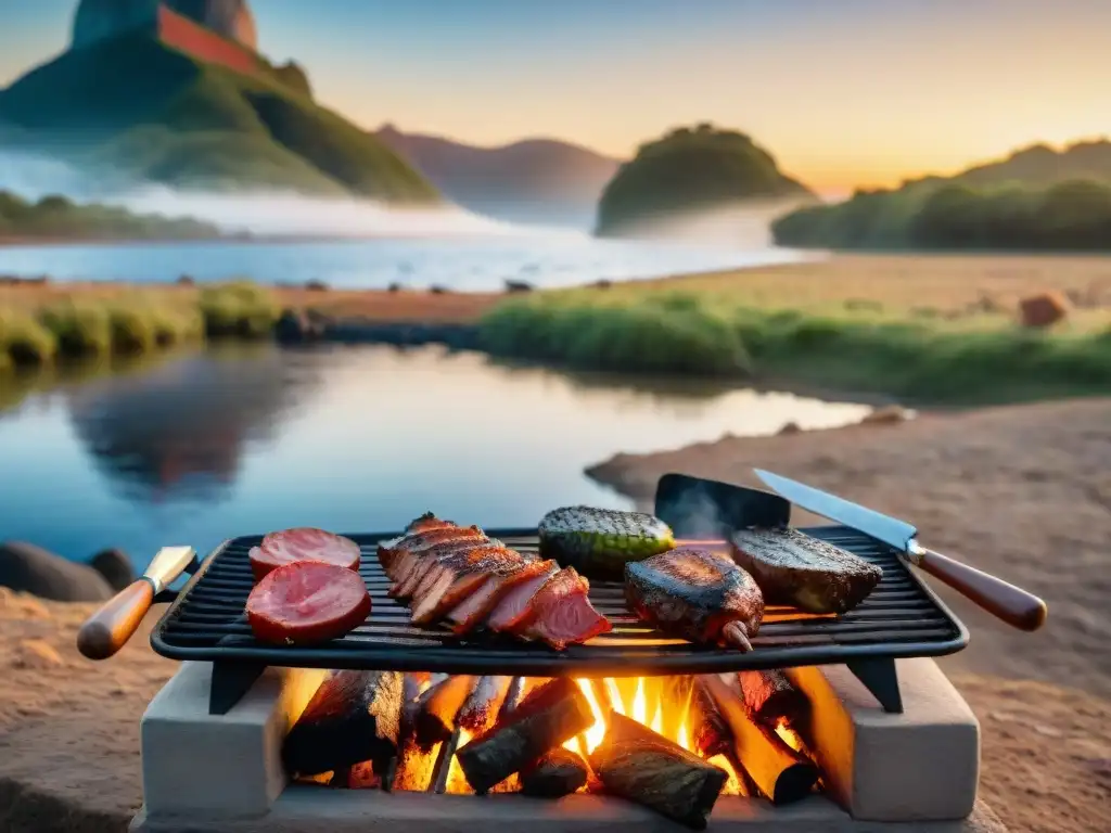 Tour virtual asado Uruguay: Escena mágica de un asado uruguayo tradicional junto al río al atardecer