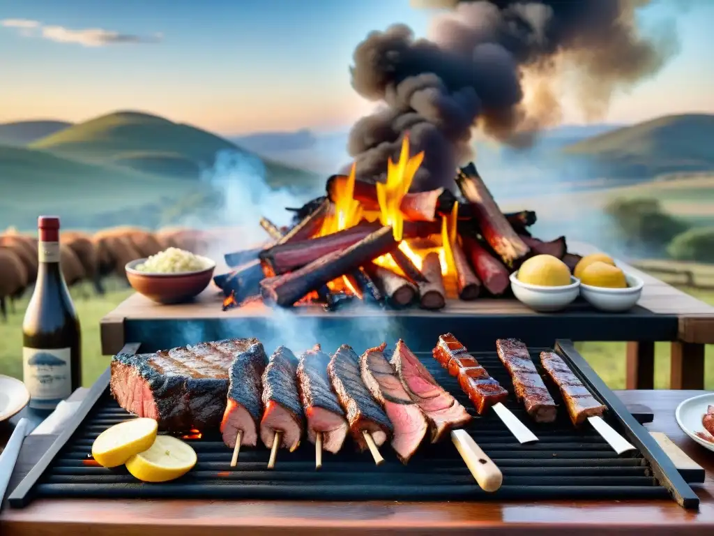 Tour virtual asado uruguayo: Gauchos preparando un festín de carnes a la parrilla en un paisaje campestre pintoresco